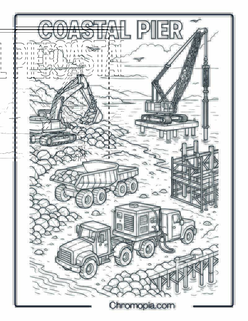 Coastal Pier and Marine Construction Site Coloring Page