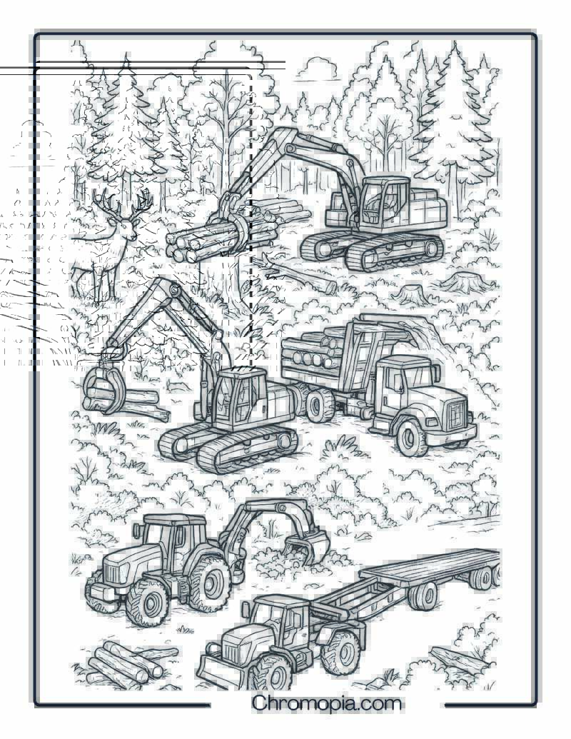 Forest Land Clearing and Logging Operation Coloring Page