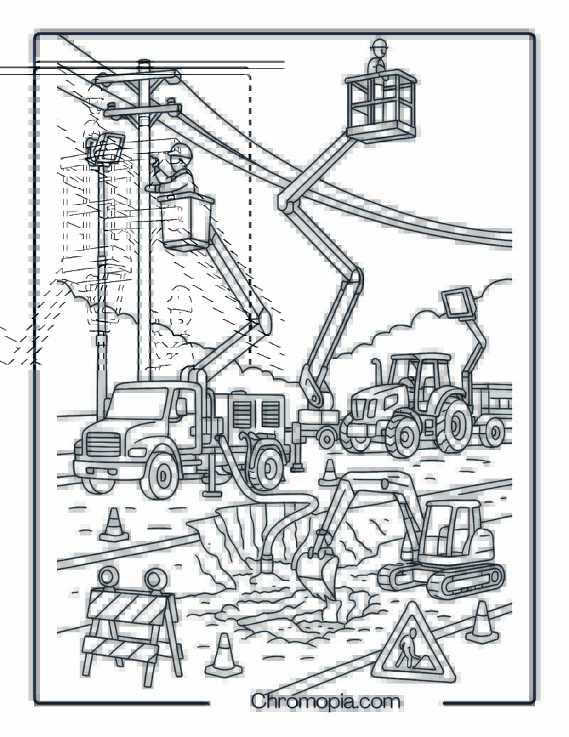 Nighttime Emergency Utility Repair Scene Coloring Page