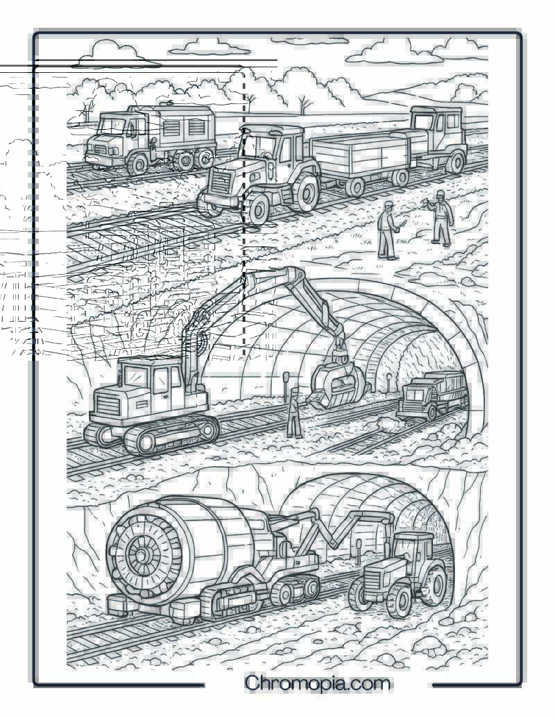 Rail and Tunnel Construction Integration Scene Coloring Page
