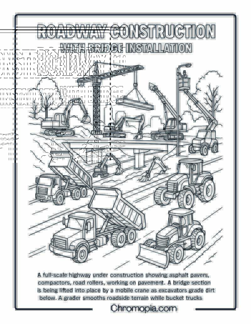 Roadway Construction with Bridge Installation Coloring Page
