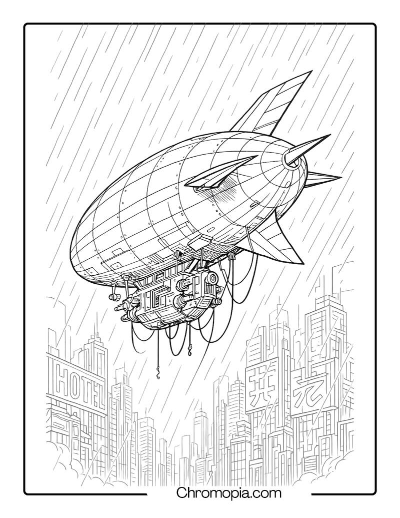 Cyberpunk Zeppelin in Neon Rain – Futuristic Zeppelin coloring page