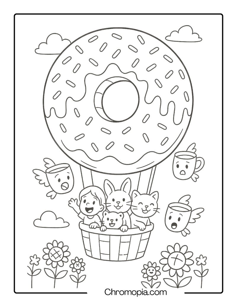 Giant Donut Balloon with Flying Coffee Cup Chasers – Cute and Funny Cartoon Hot Air Balloon Coloring Page