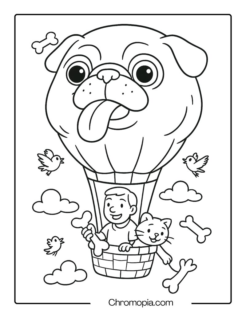 Giant Pug Balloon Tongue Out Zooming Past Clouds – Cute and Funny Cartoon Hot Air Balloon Coloring Page