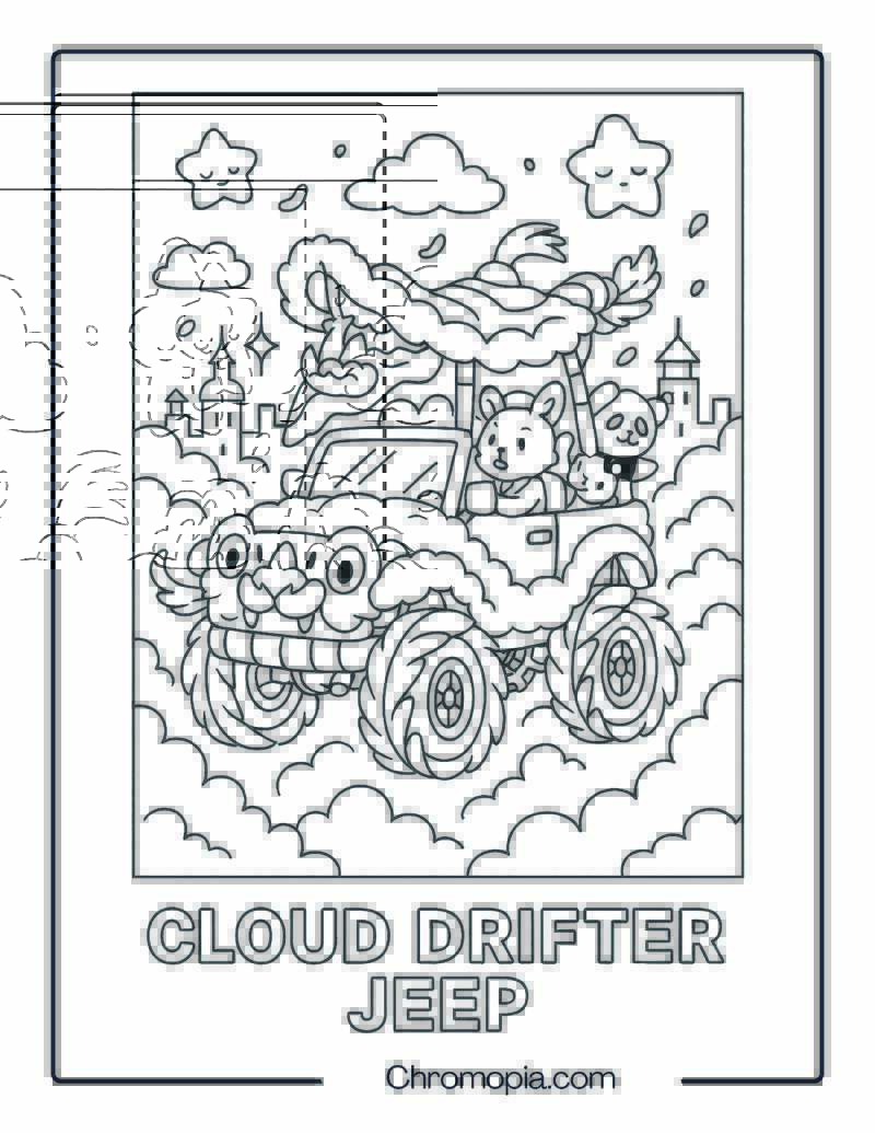 Cloud Drifter Jeep with Feather Wheels – Dreamy Jeep Coloring Page