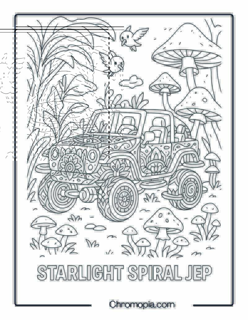 Galactic Mandala Jeep in Alien Jungle – Alien Jeep Coloring Page