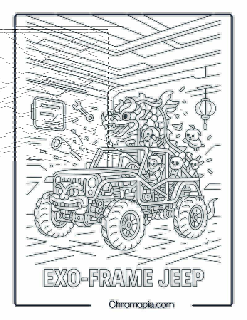 Retro-Futuristic Tube Frame Jeep – Transparent Skeleton Jeep Coloring Page