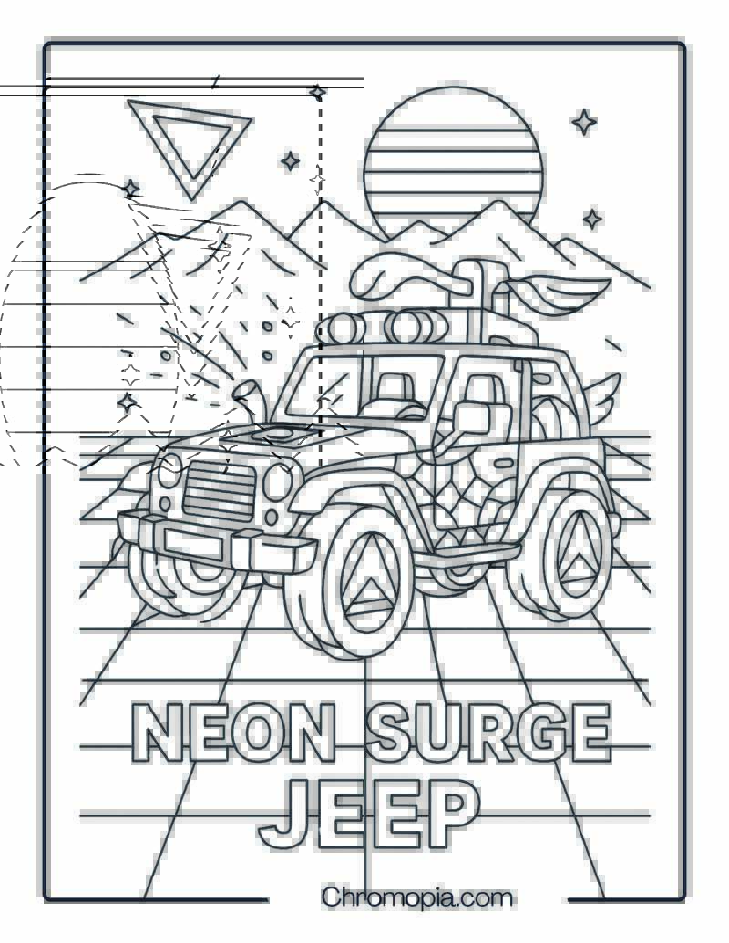 Retro Neon Synthwave Jeep – Futuristic Jeep Coloring Page