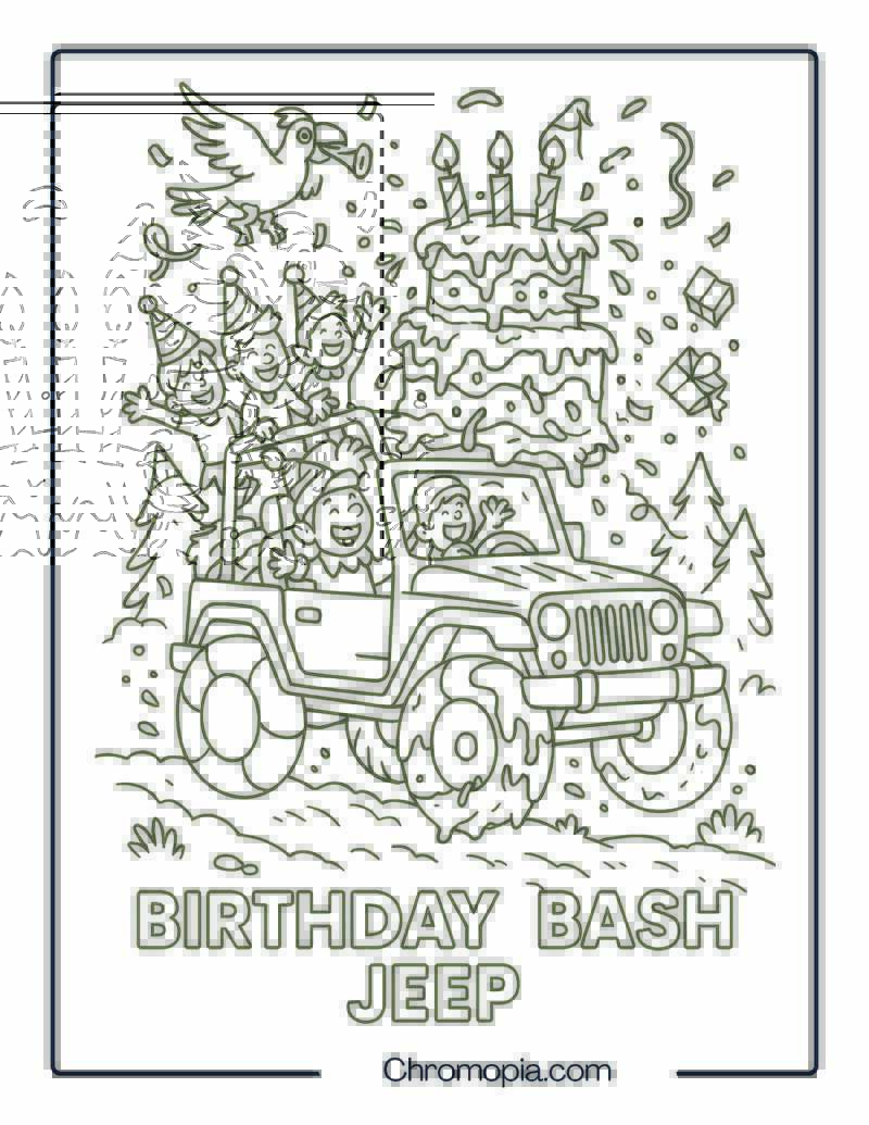 Birthday Chaos Jeep with Cake Explosion – Birthday Jeep Coloring Page