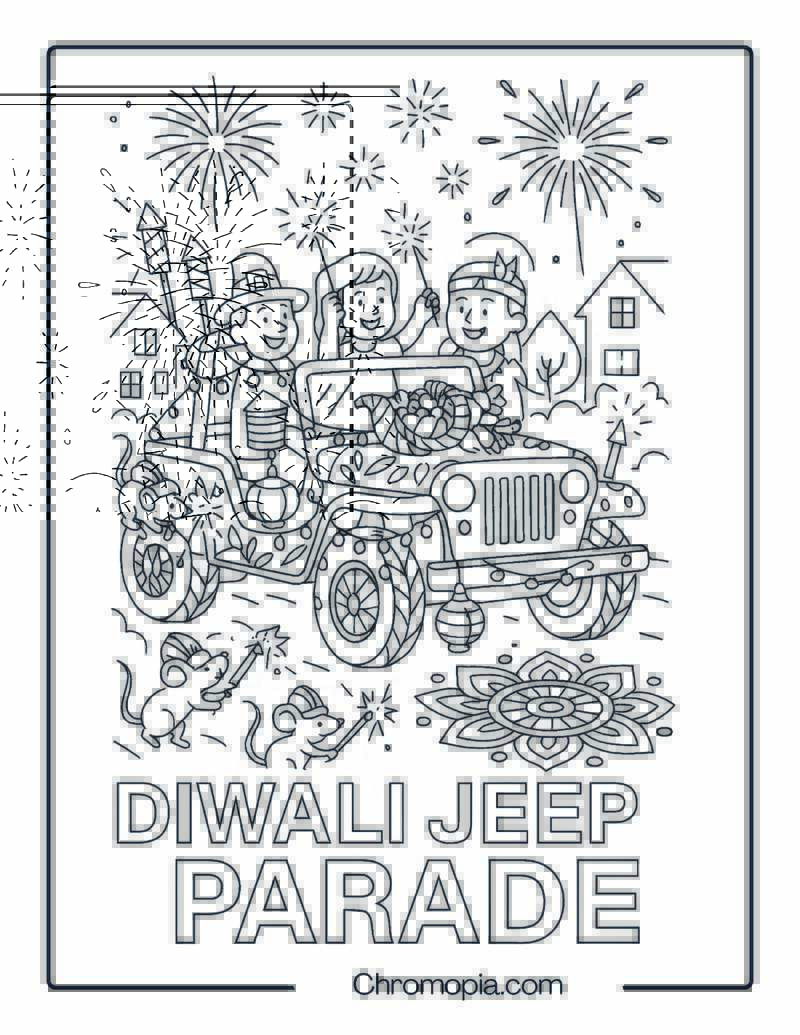 Diwali Jeep Parade with Fireworks – Diwali Jeep Coloring Page