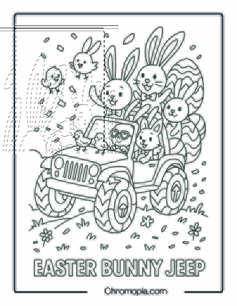 Easter Egg Hunt Jeep with Bunny Tower – Easter Jeep Coloring Page