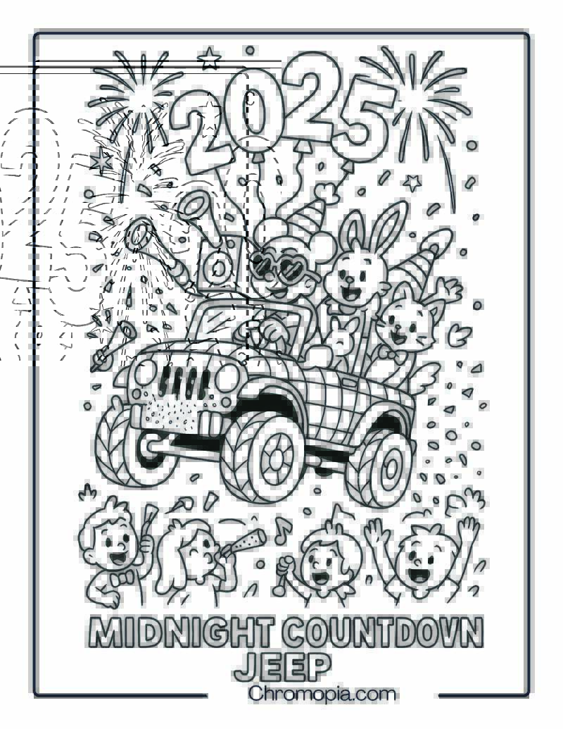 New Year Midnight Countdown Jeep with Disney Characters – New Year Jeep Coloring Page