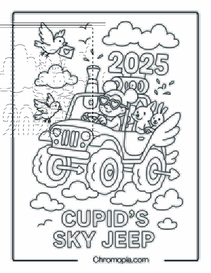 Valentine Jeep in Cupid_s Skyway – Valentine_s Day Jeep Coloring Page