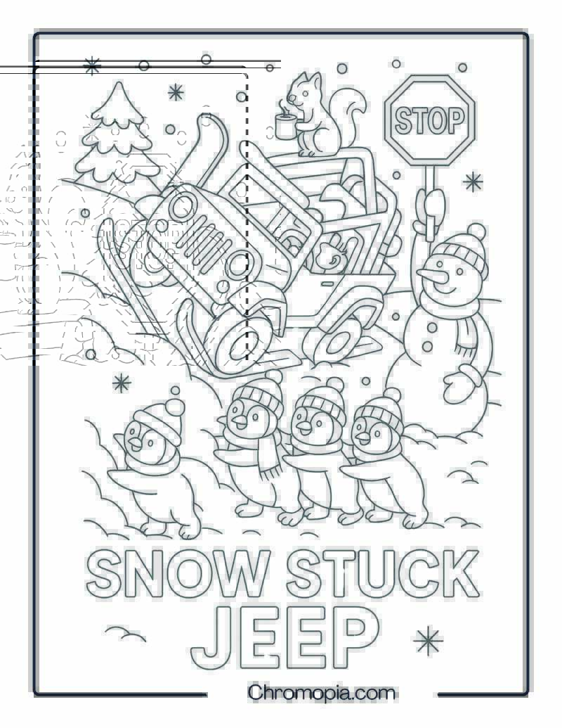 Winter Wonderland Jeep Stuck in Snow with Penguins – Winter Jeep Coloring Page
