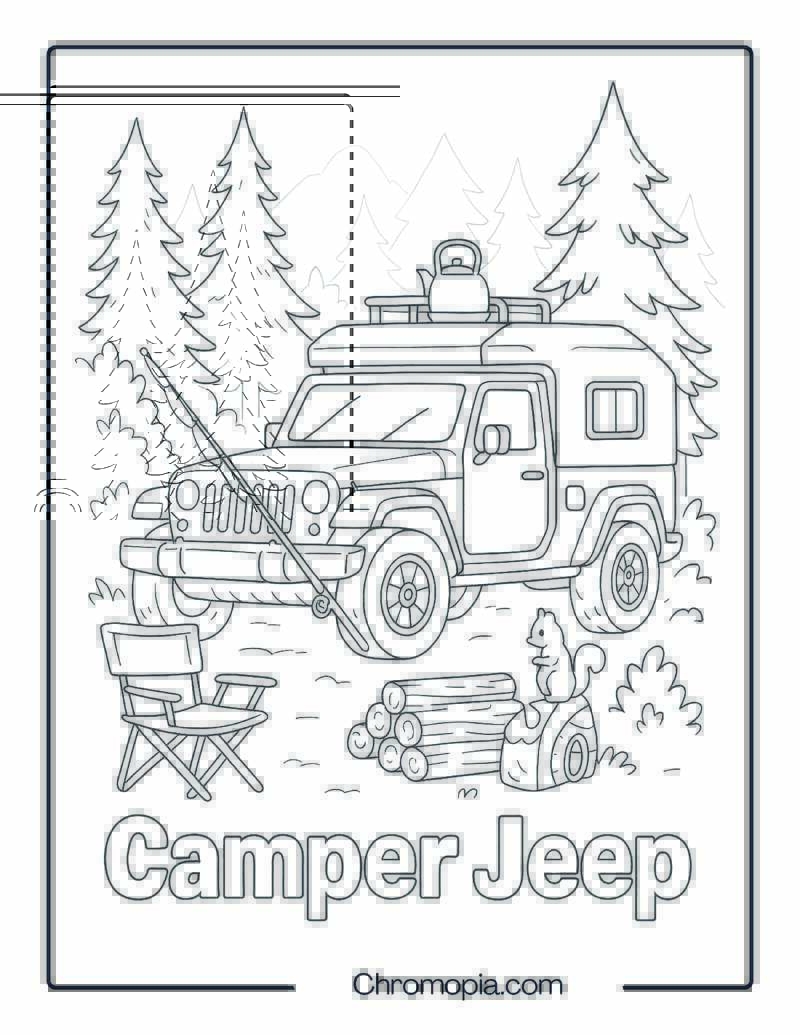 Camper Jeep in Forest Campsite – Camper Jeep Coloring Page