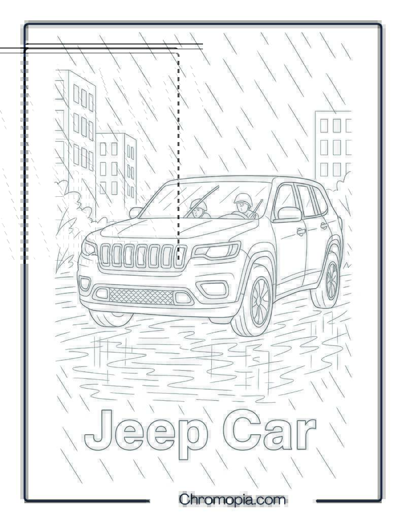 City Jeep Driving Through Rain – Jeep Car Coloring Page