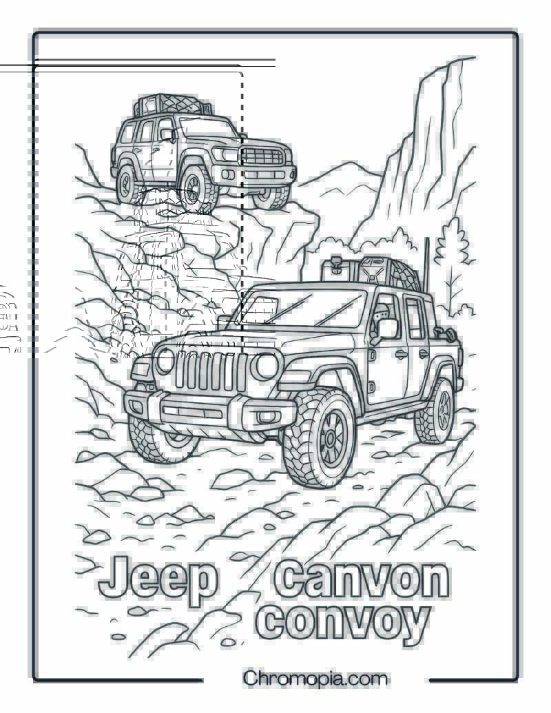 Dual Jeep Convoy Climbing Rocky Canyon – Jeep Convoy Coloring Page
