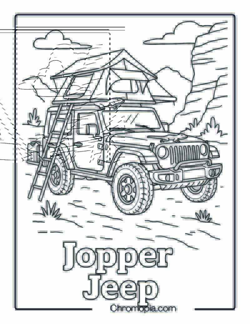 Hopper Jeep with Rooftop Tent in Desert – Hopper Jeep Coloring Page