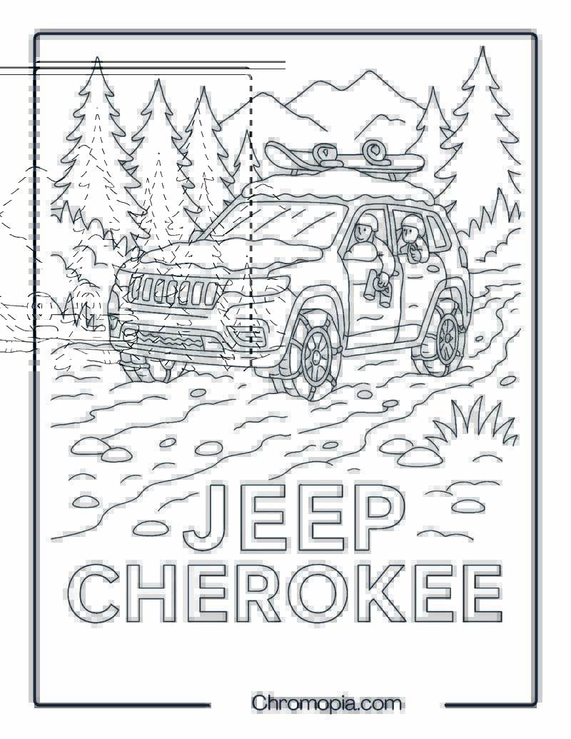 Jeep Cherokee on a Snowy Mountain Road – Jeep Cherokee Coloring Page