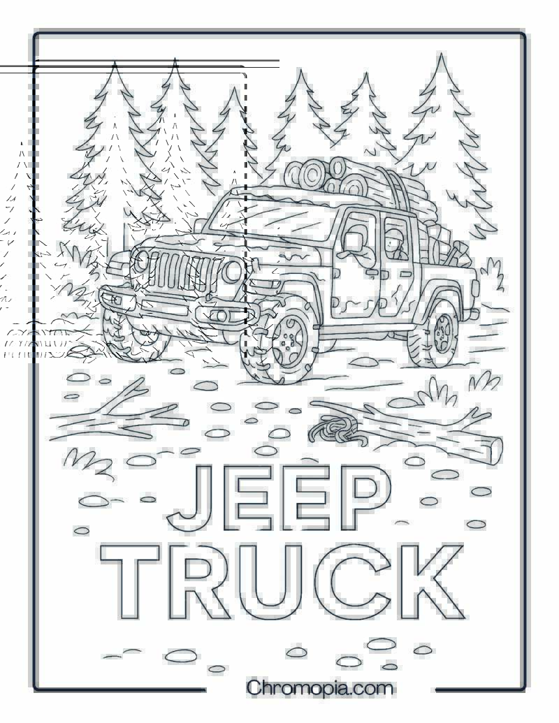 Jeep Gladiator Hauling Timber in the Forest – Jeep Truck Coloring Page