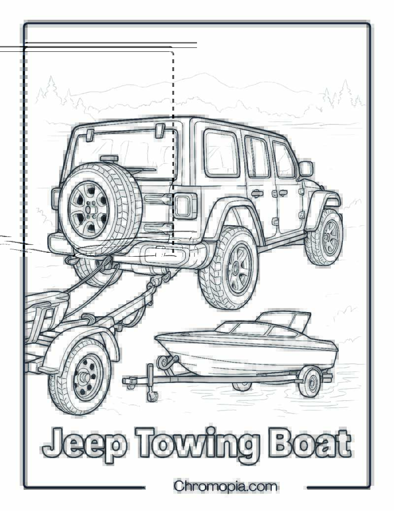 Jeep Towing a Boat by the Lakeside – Jeep Towing Boat Coloring Page