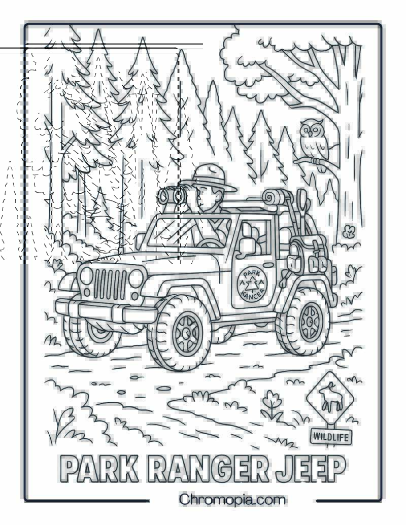 Jeep Used by a Park Ranger in Forest – Park Ranger Jeep Coloring Page