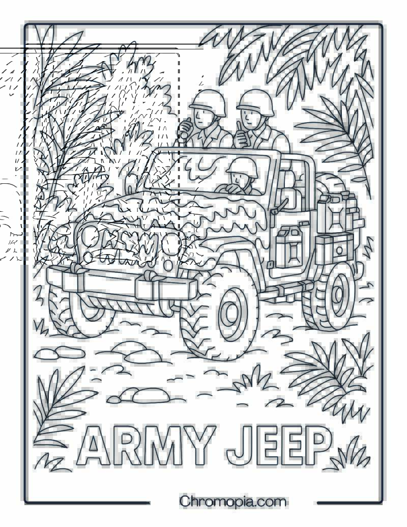 Jeep with Camouflage on Jungle Patrol – Military or Army Jeep Coloring Page
