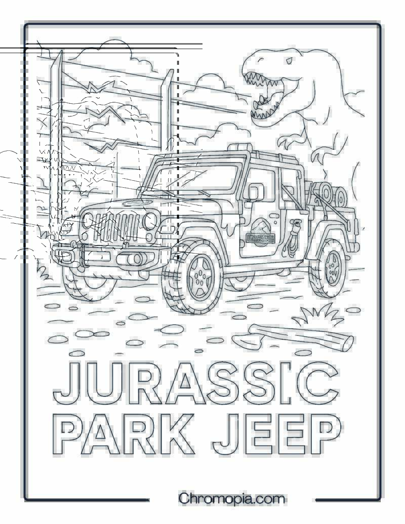 Jurassic Park Jeep Near Dinosaur Enclosure – Jurassic Park Jeep Coloring Page