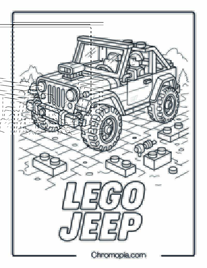 LEGO Brick-Style Jeep with Toy Track – LEGO Jeep Coloring Page