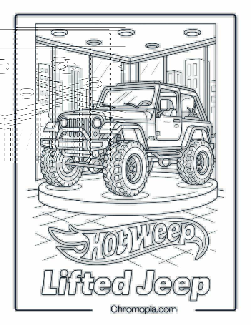 Lifted Jeep with Giant Tires in City Showroom – Lifted Jeep Coloring Page
