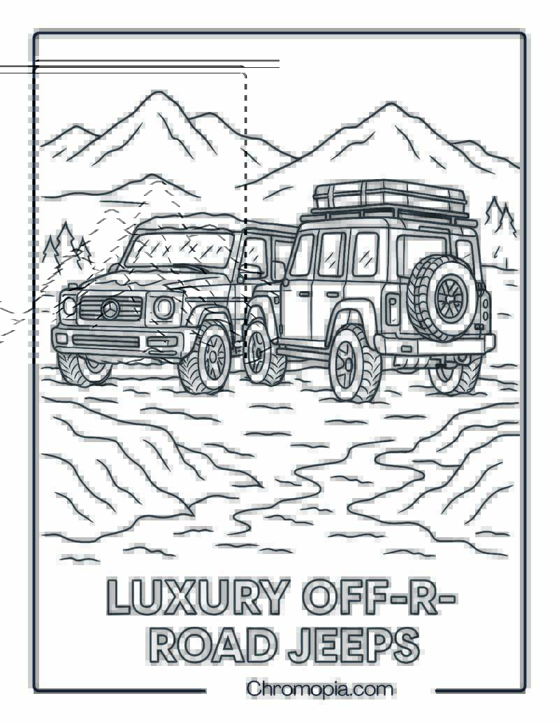 Mercedes G-Class and Land Rover Defender in Arctic Terrain – Luxury Jeep Duo Coloring Page