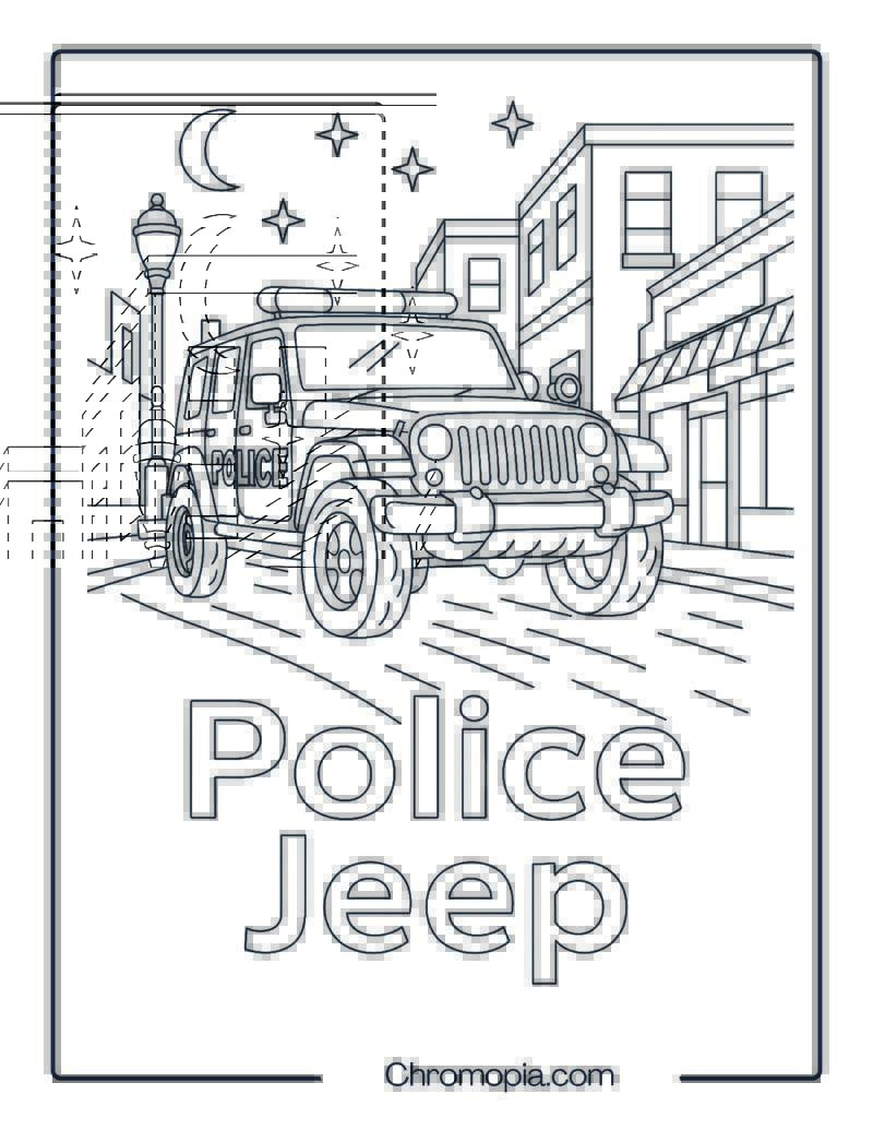 Police Jeep Patrolling Night Street – Police Jeep Coloring Page