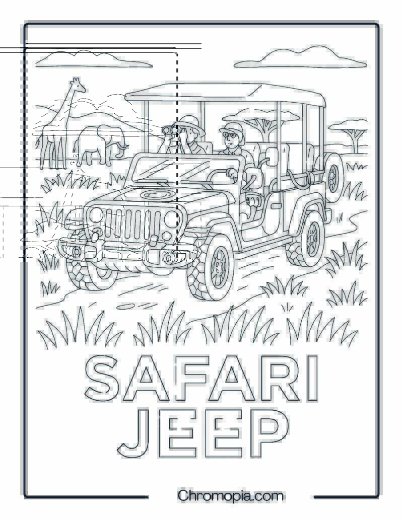 Safari Jeep with Animal Spotters – Safari Jeep Coloring Page