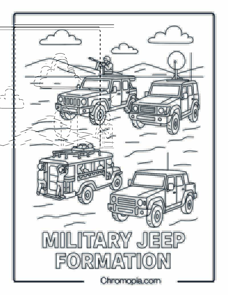 Tactical Jeeps in Desert Military Drill – Combat Jeep Formation Coloring Page