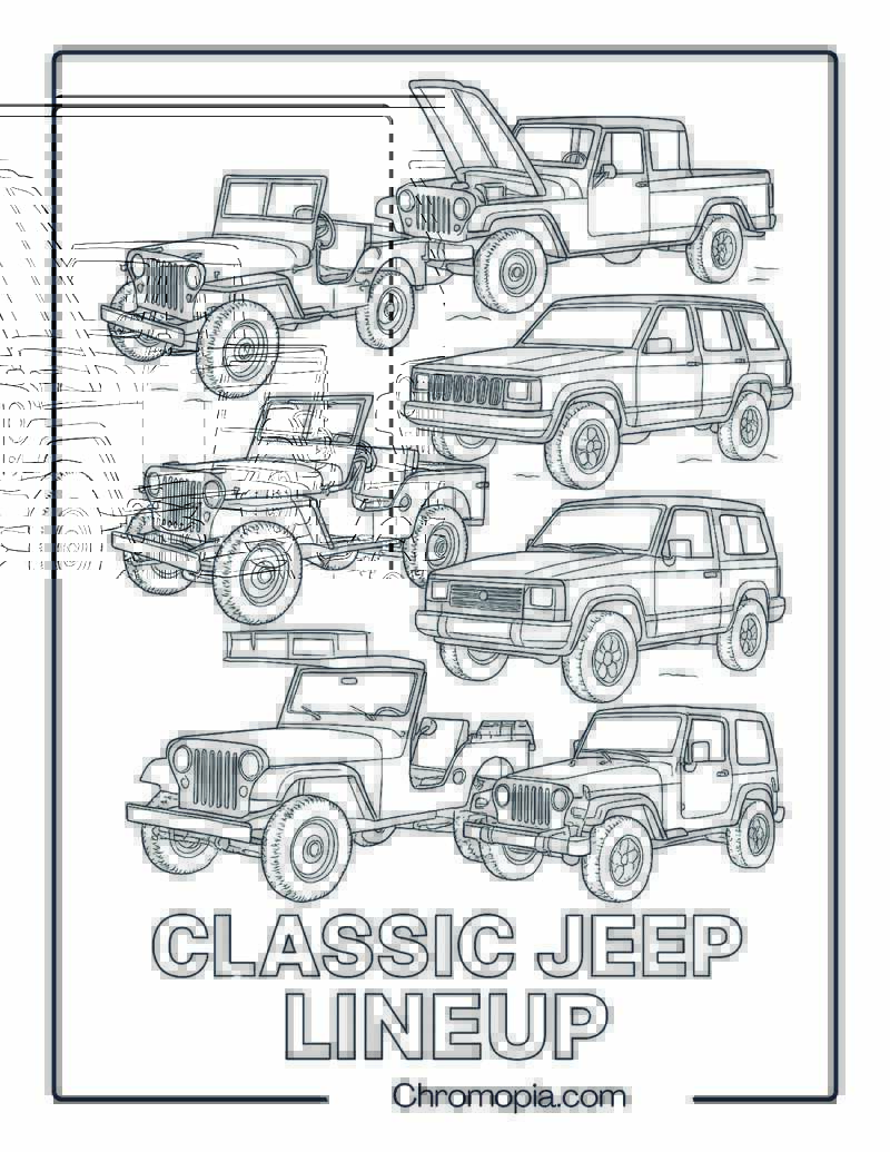Vintage Jeep Show with Five Classic Models – Jeep Show Coloring Page