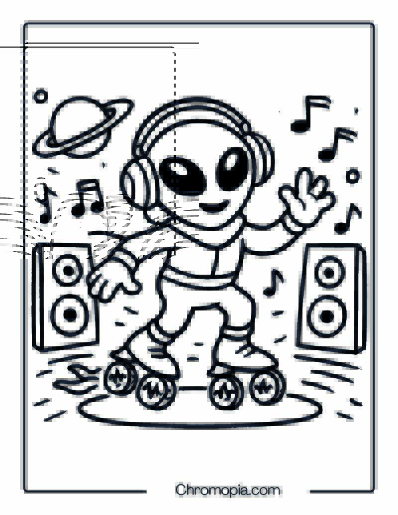Alien DJ on Soundwave-Powered Skates – Roller Skates Coloring Pages
