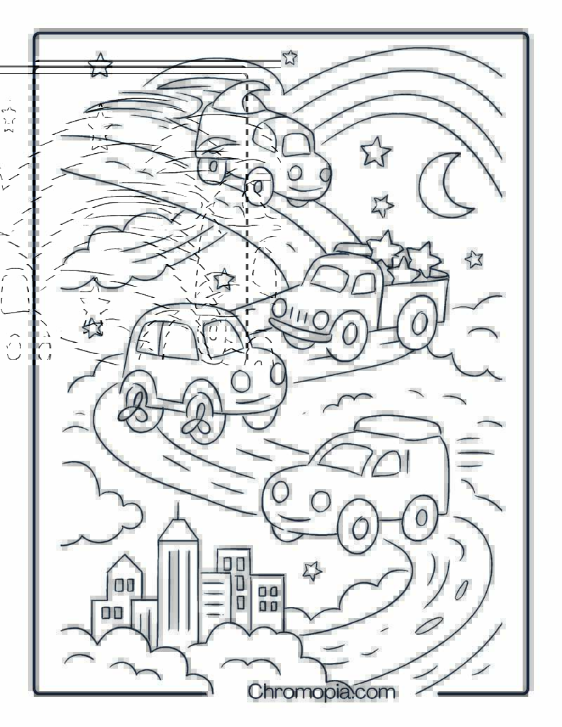 Fantasy Cars and Trucks in a Floating Sky Road – Cars and Trucks Coloring Page