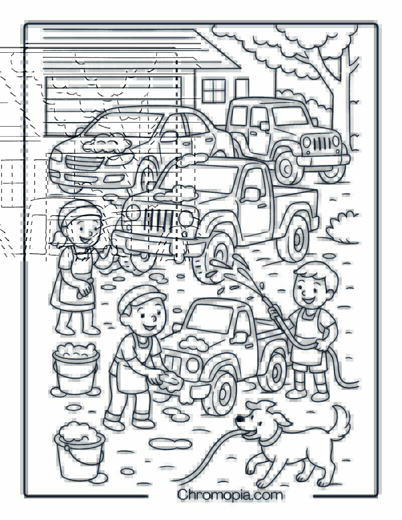 Kids Washing Cars and Trucks in the Driveway – Cars and Trucks Coloring Page