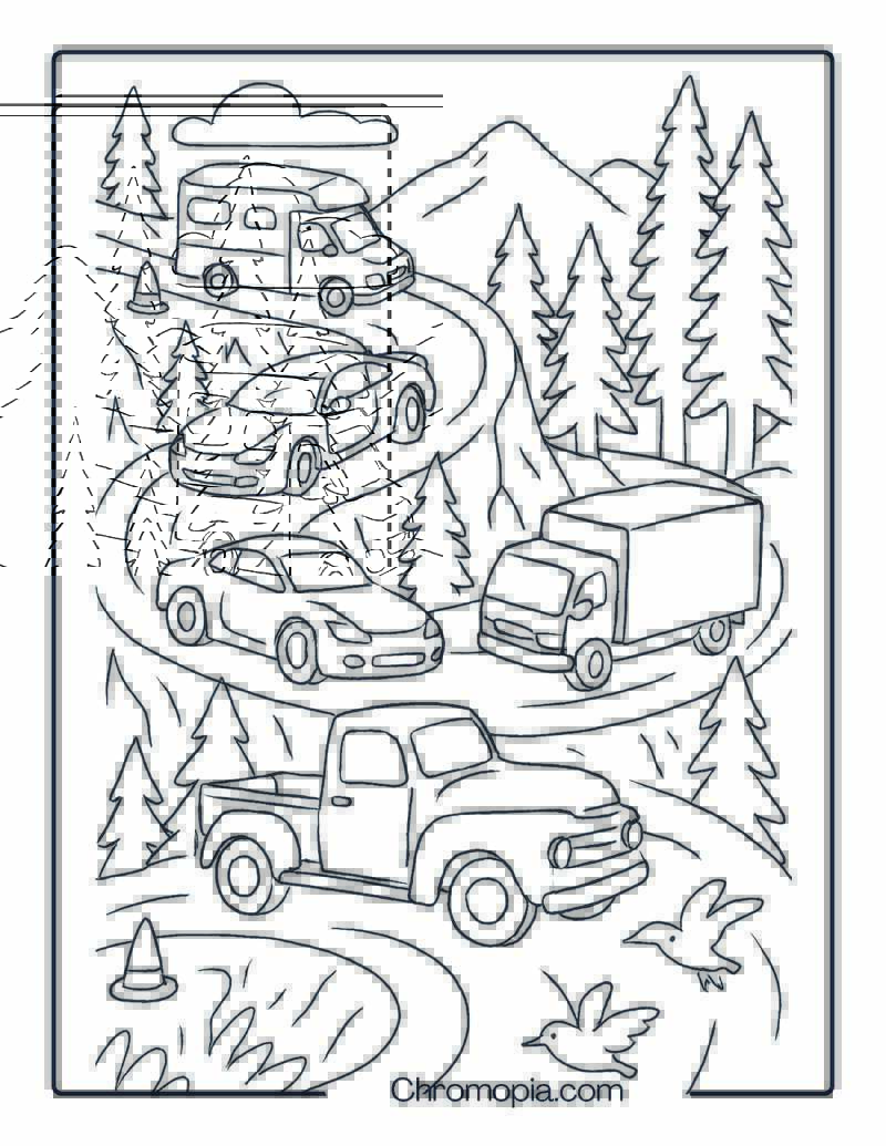 Realistic Cars and Trucks on Mountain Road – Cars and Trucks Coloring Page