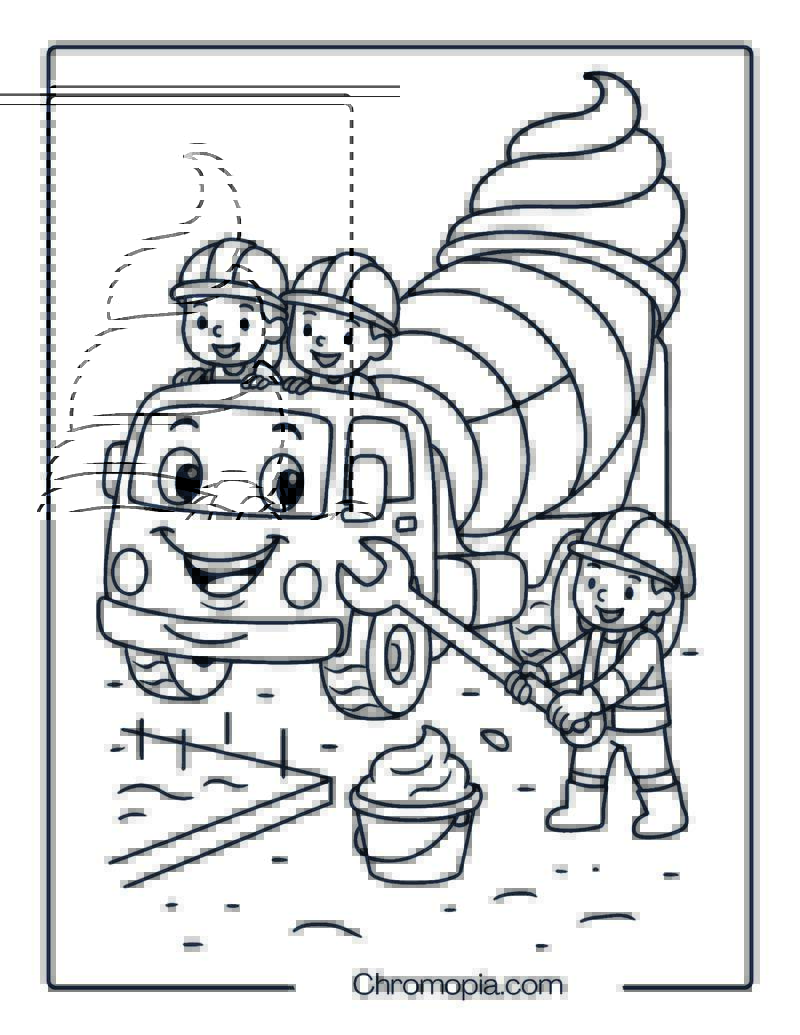 Cartoon Cement Truck with Kids Controlling the Mixer – Cement Truck Coloring Page