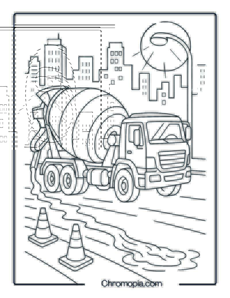Night Scene with Cement Truck Under City Lights – Cement Truck Coloring Page