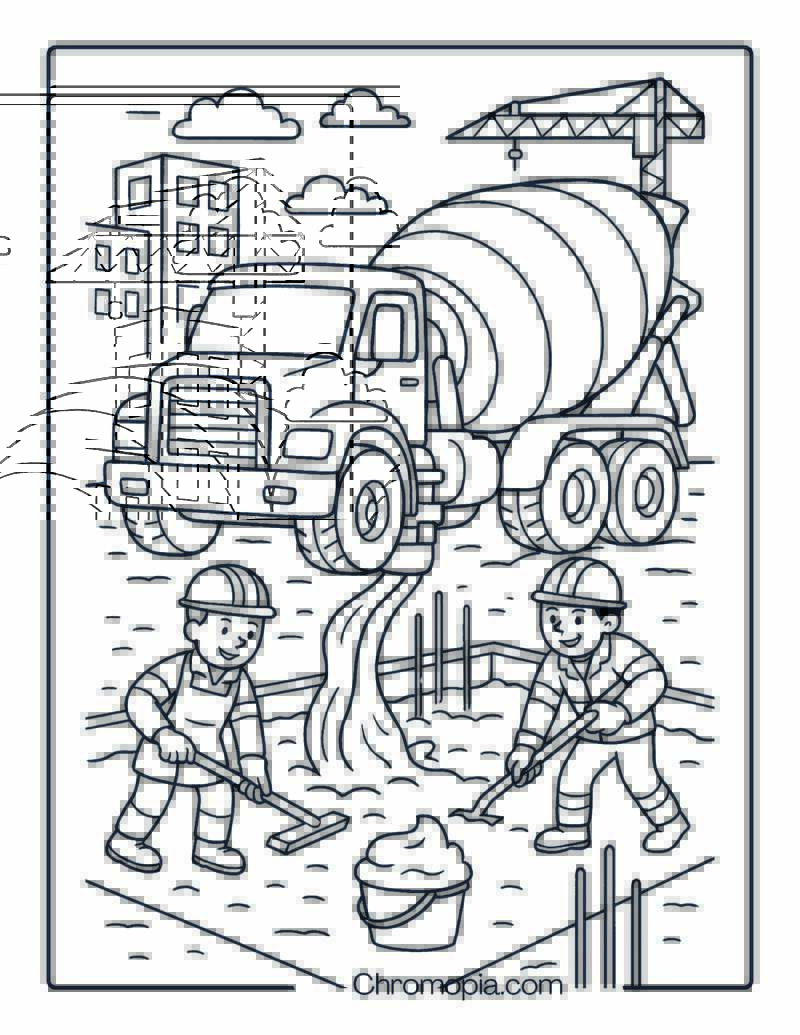 Realistic Cement Mixer Pouring Concrete at Construction Site – Cement Truck Coloring Page