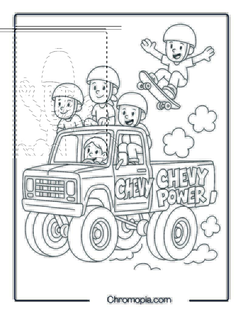 Cartoon Chevrolet Truck with Skateboard Kids in the Bed – Chevrolet Truck Coloring Page
