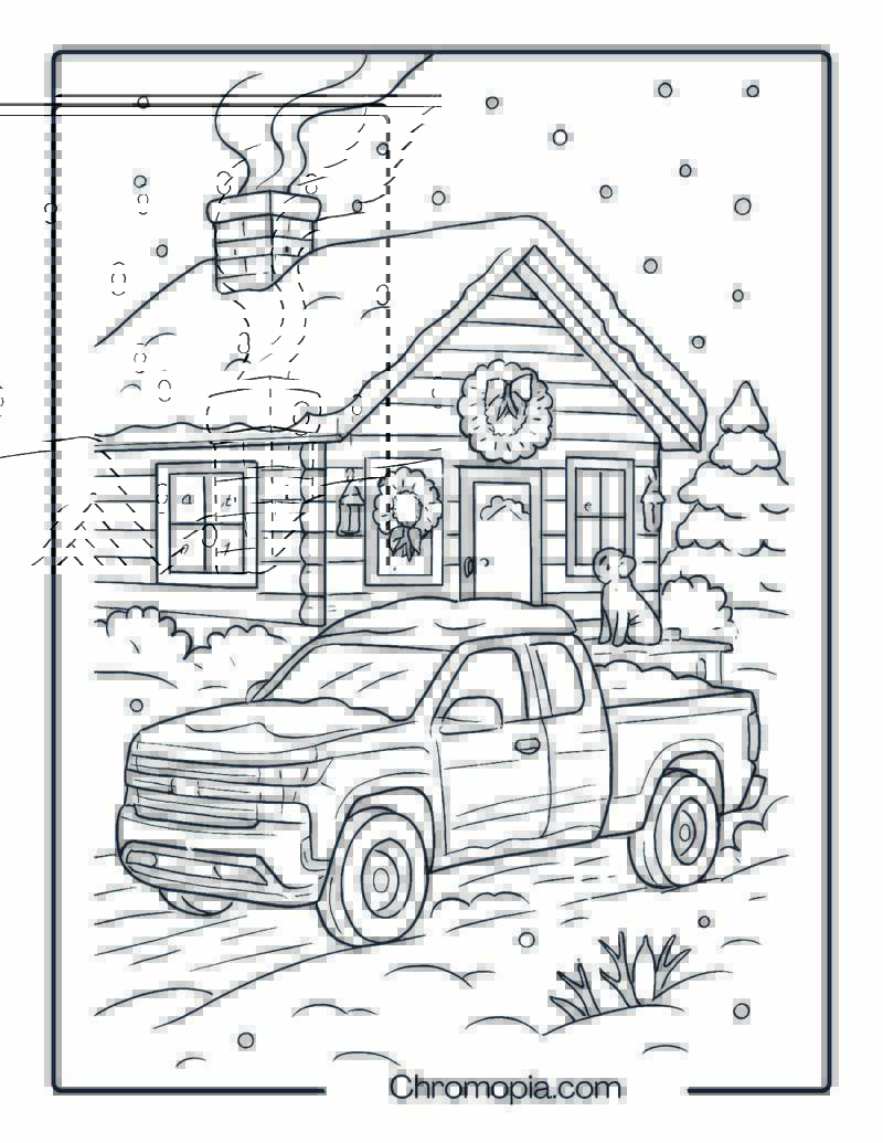 Chevrolet Truck in a Cozy Winter Cabin Driveway – Chevrolet Truck Coloring Page