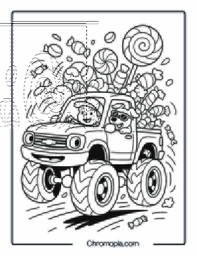 Cartoon Chevy Truck with Giant Tires Hauling Candy – Chevy Truck Coloring Page