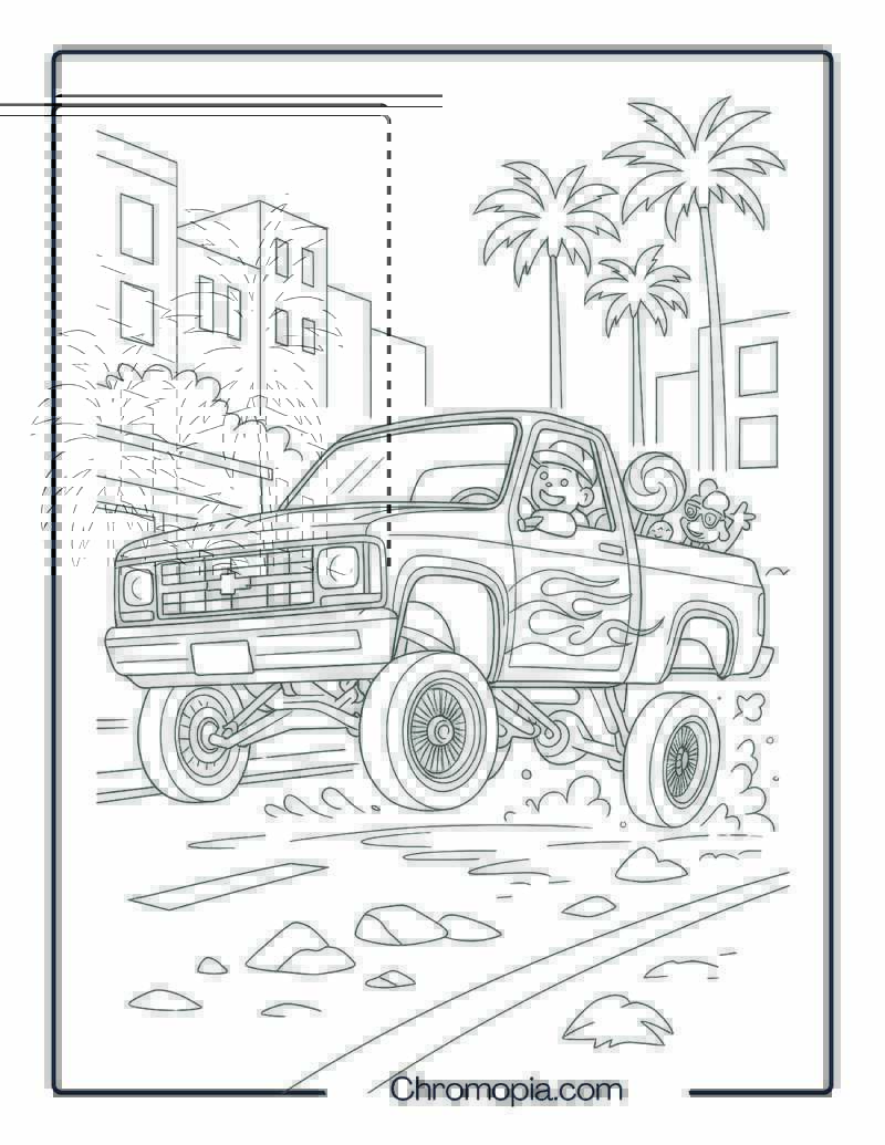 Chevy Lowrider Truck with Hydraulic Lift – Chevy Truck Coloring Page