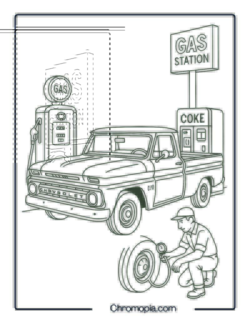 Classic Chevy C10 Pickup at a Gas Station – Chevy Truck Coloring Page