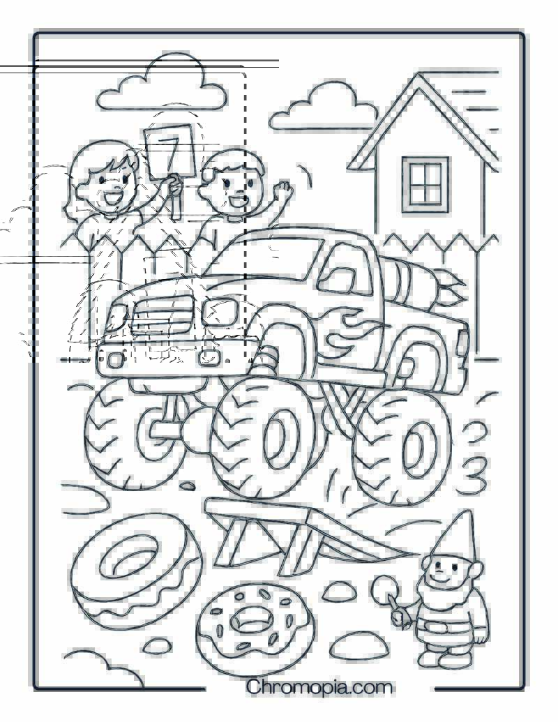 Cartoon Lifted Truck in a Backyard Obstacle Course – DieselLifted Truck Coloring Page
