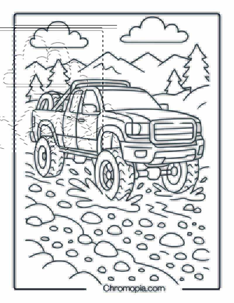 Diesel Lifted Truck Crossing Rocky Stream – DieselLifted Truck Coloring Page