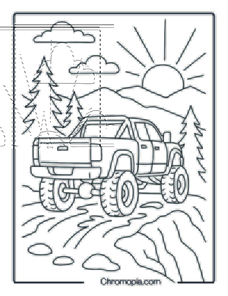 Lifted Diesel Truck at Sunset Hilltop – DieselLifted Truck Coloring Page